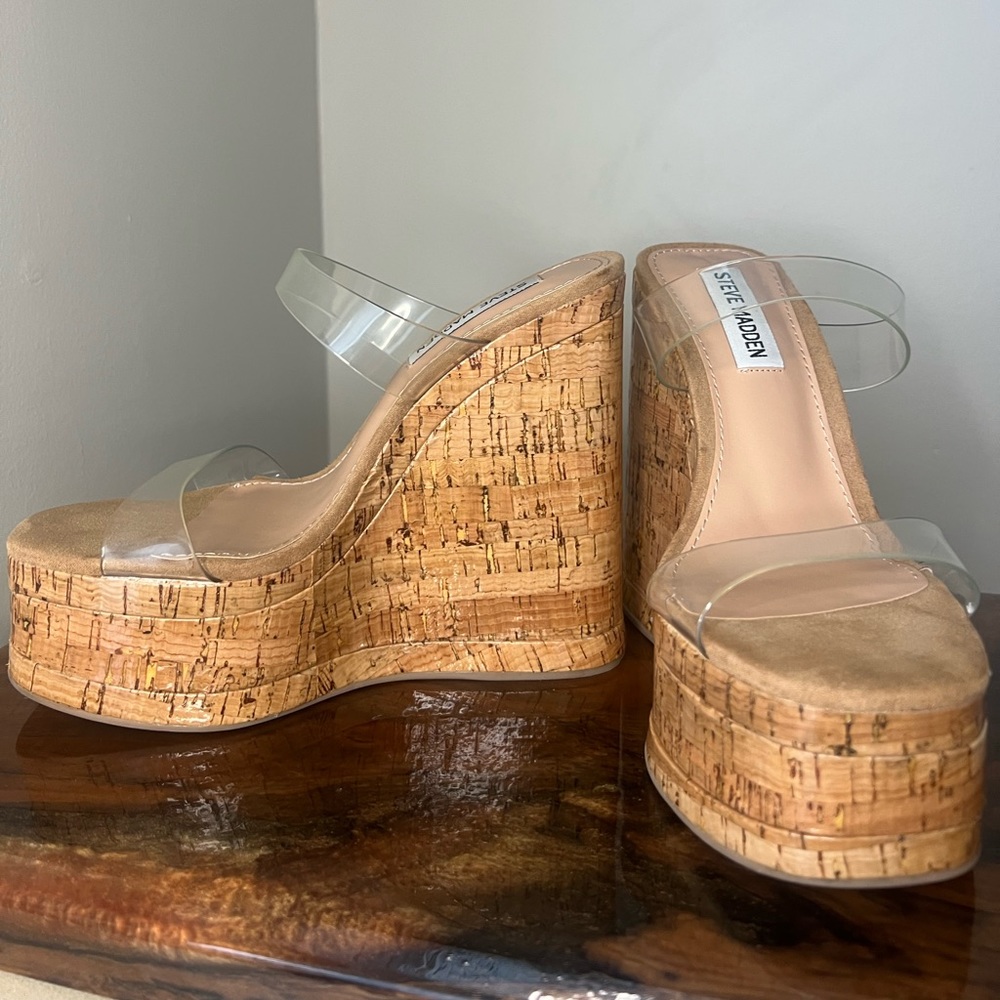 Steve Madden wedges clear straps 6inch cork wedges size 6